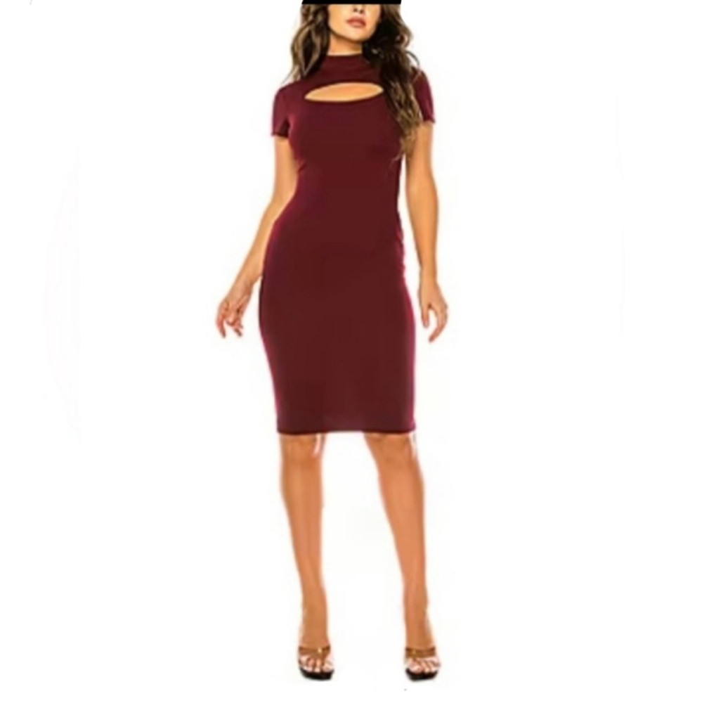 NEW Women's Ribbed Burgundy Dress with Cutout Detail